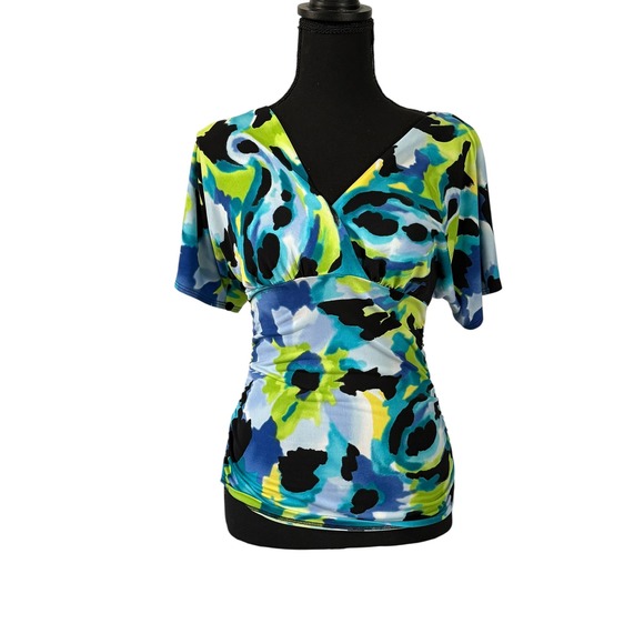 iz Byer California Tops - iz Byer California Womens Small Blue Green Abstract Floral Surplice Ruched Top